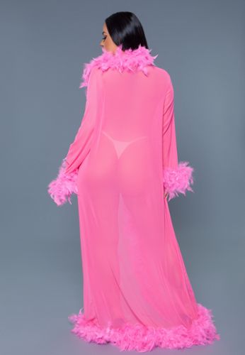 Kimono lungo in chiffon trasparente bordo di piume marabù maniche lunghe glamour