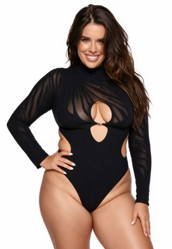 body trasparente a maniche lunghe con strisce di strass