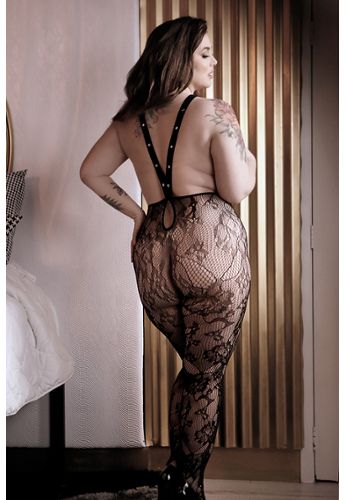 Übergröße Bodystocking Elastisches Blumenmuster Schwarz