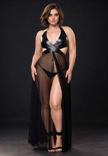 Abito fetish lungo taglie forti in wetlook e tulle trasparente