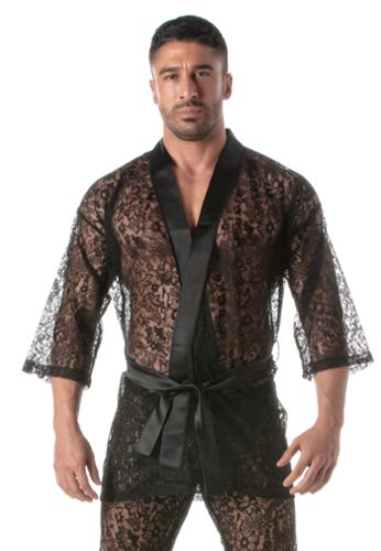 Kimono uomo sexy in pizzo floreale trasparente