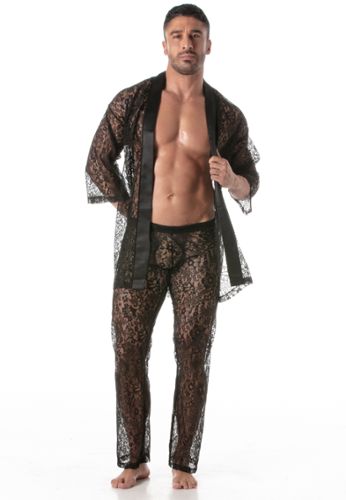 Sexy Herren-Kimono aus transparenter floraler Spitze