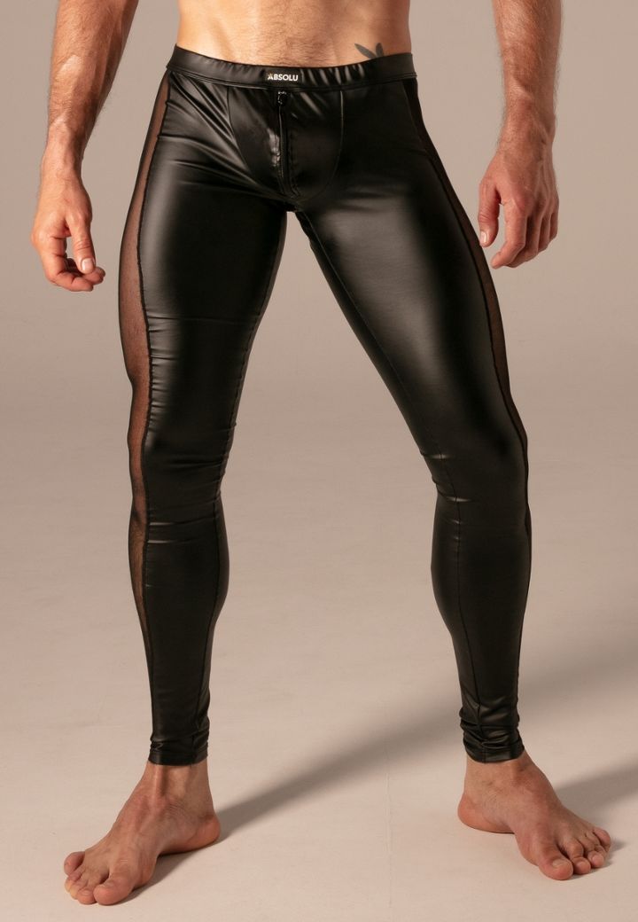 Leggings fetish uomo effetto pelle con zip e rete