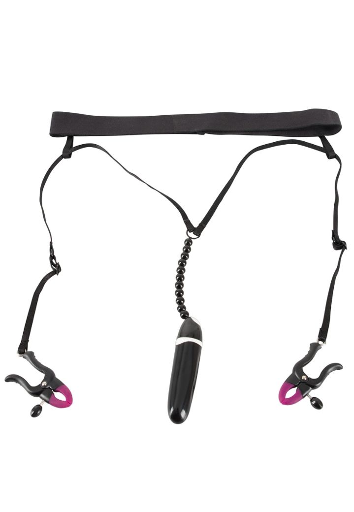 Perizoma aperto con clip regolabili, mini vibratore e perline clitoridee