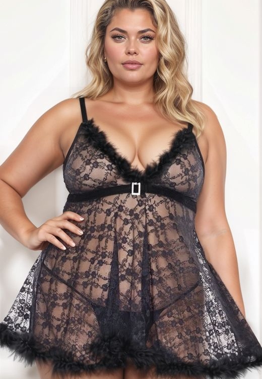 Camisola Empire - Preto Renda Pelúcia