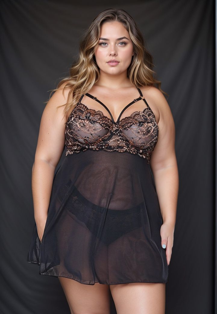 Babydoll Nuit dorée - Dentelle noire et reflets or rose pour une séduction raffinée