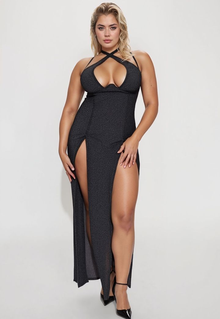 Langes Glamour-Kleid Schwarz Silber: Absolute Verführung