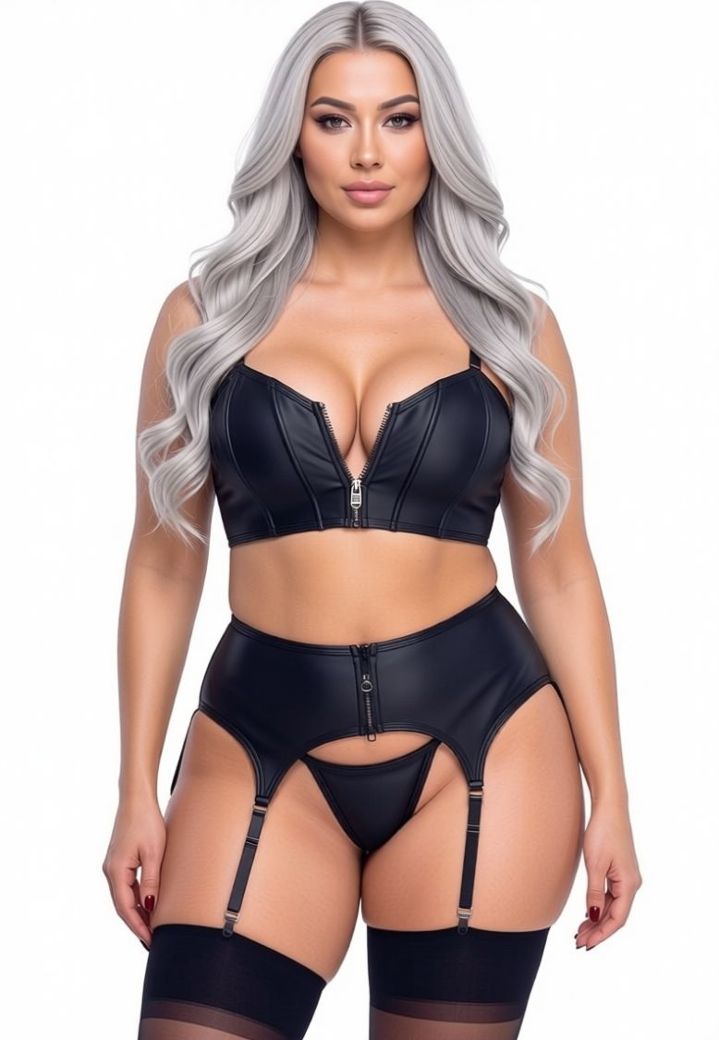 3-piece matte-effect set: corset, garter belt and thong