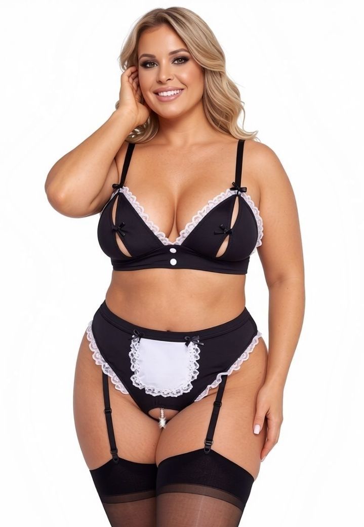 Fato de soubrette aberto de 2 peças: sutiã dividido e ligas