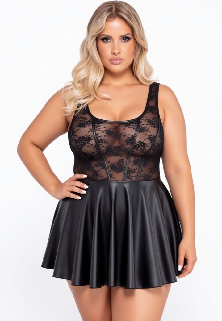 Mini dress with lace straps and matte effect