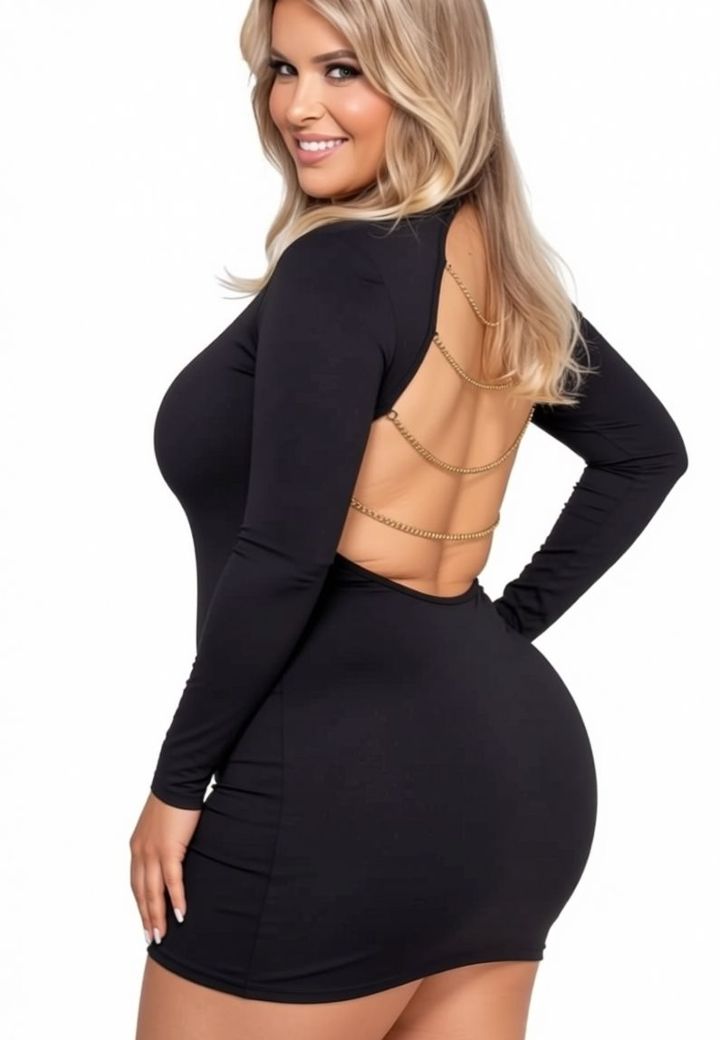 Body-hugging mini-dress: large bare back and removable gold chains