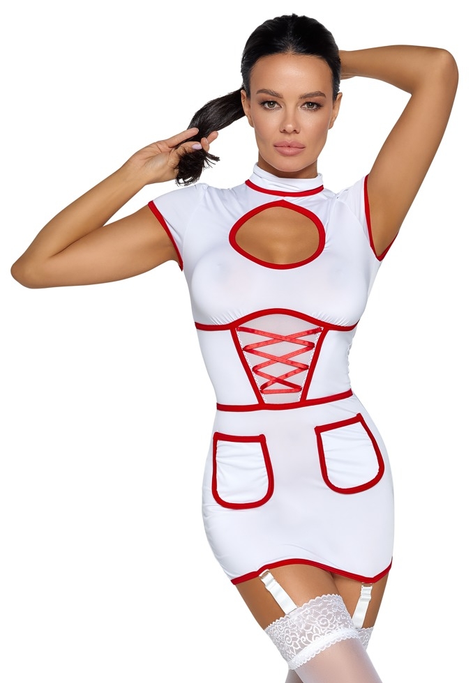 Sexy White Nurse Costume - Semi-transparent Short Dress with Garters