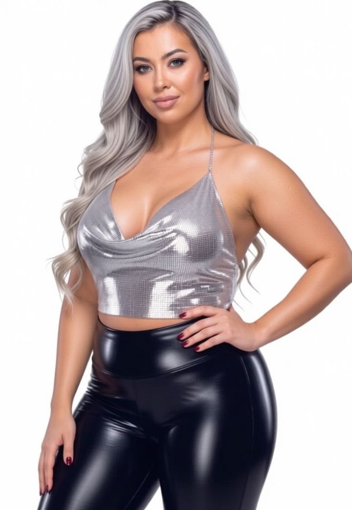 Metalen crop-top met gedrapeerde halslijn en verstelbare kettingen