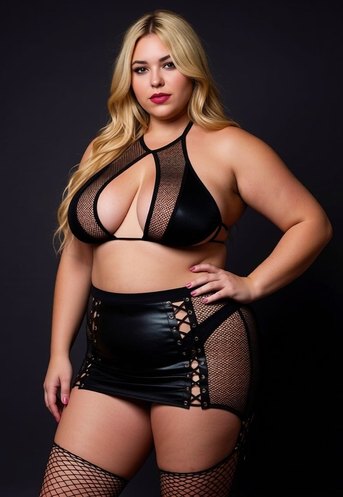 Conjunto em wetlook e tule: sutiã halter e saia curta com abertura nas nádegas
