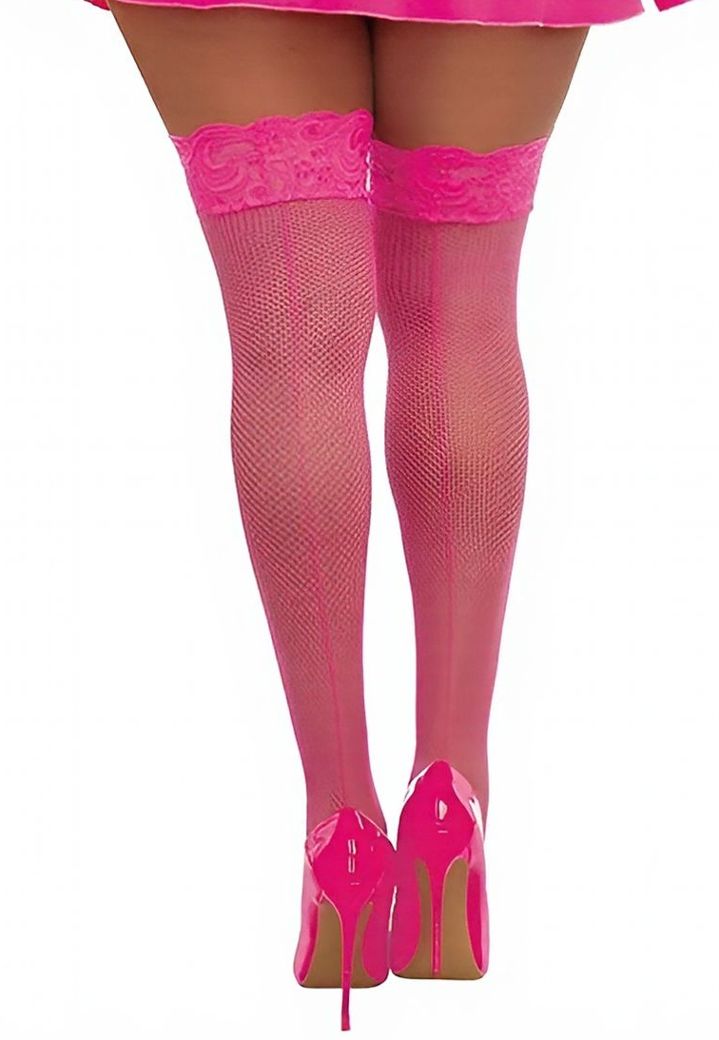 Selbstfixierende Netzstrümpfe in Neonpink - Kühnheit und Glamour in großen Größen