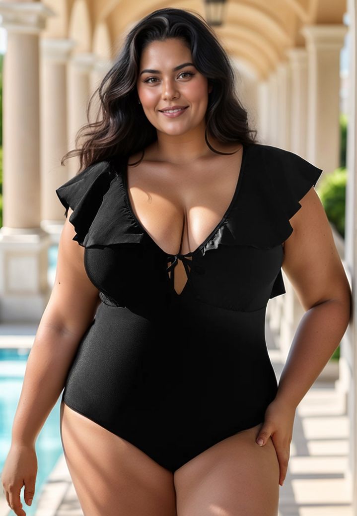 Costume da bagno Alicante: nero, volant, allacciatura a V