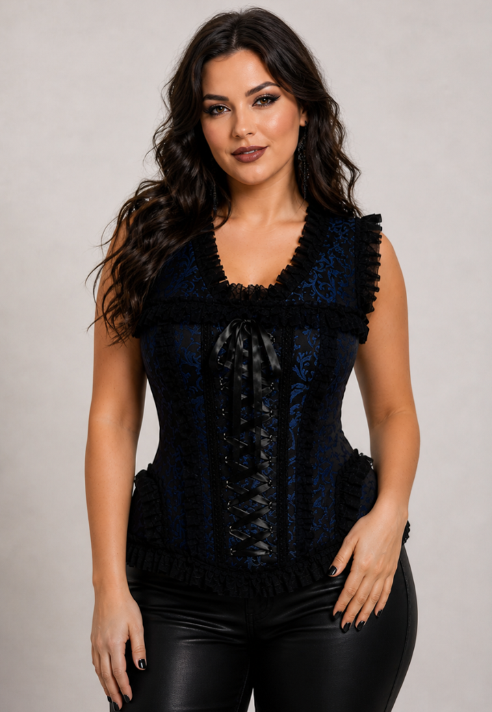 Corset em brocado e renda, atitude couture