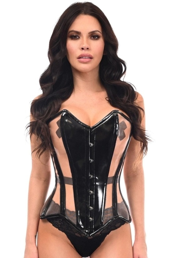 Κορσές με υπερυψωμένο στήθος από μαύρο βινύλιο και διαφανές δίχτυ