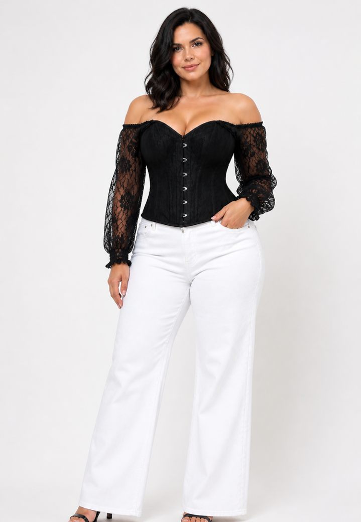 Corsetto in raso e pizzo, maniche lunghe arricciate