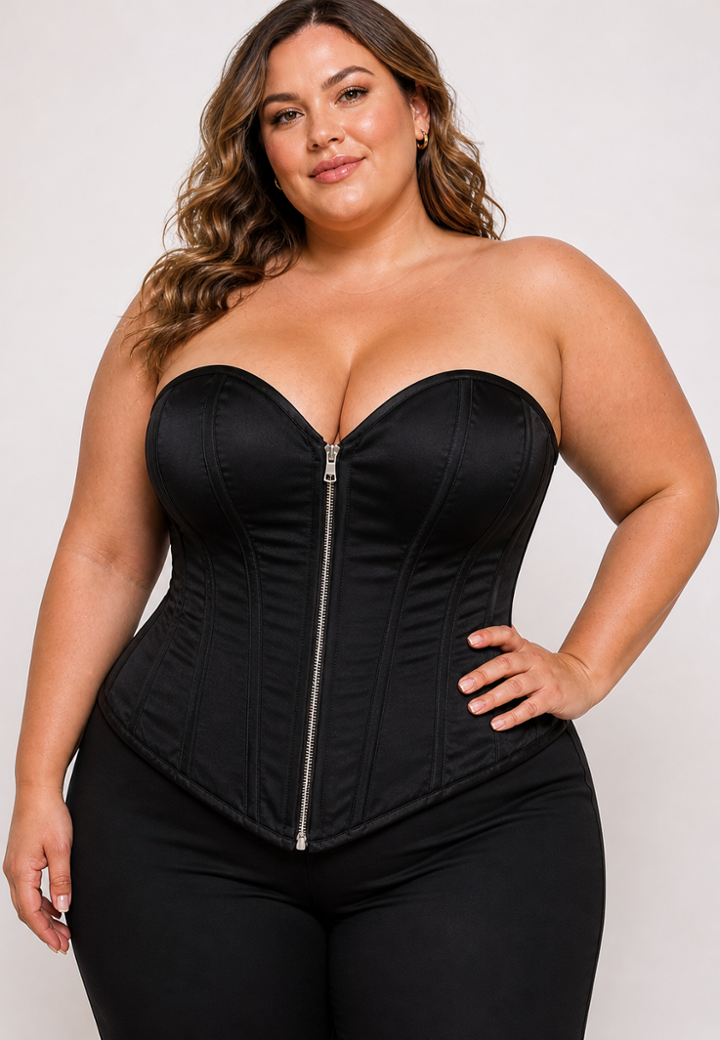 Corset overbust em cetim, fecho zip conforto