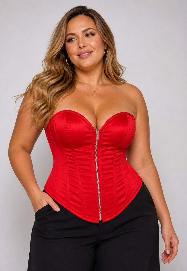 Satin overborstcorset met ritssluiting en vetersluiting op de rug