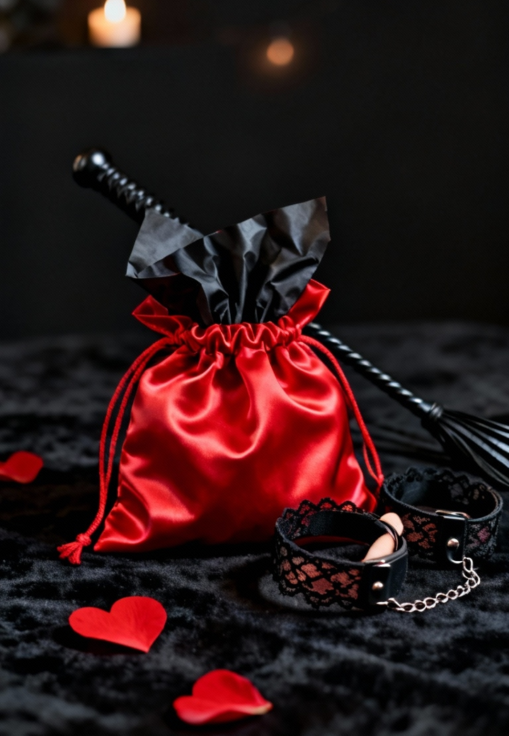 BDSM Soft set: red satin pouch and gentle play