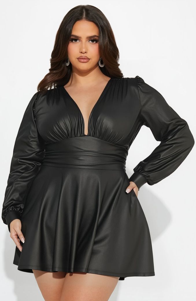 Robe Similicuir Noire Manches Bouffantes - Glamour Sophistiqué