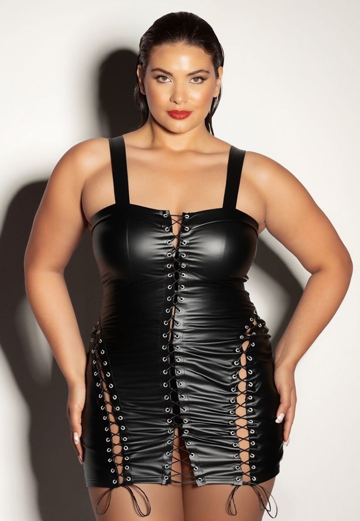 Vestido negro talla grande de piel sintética sin tirantes con lazada lateral