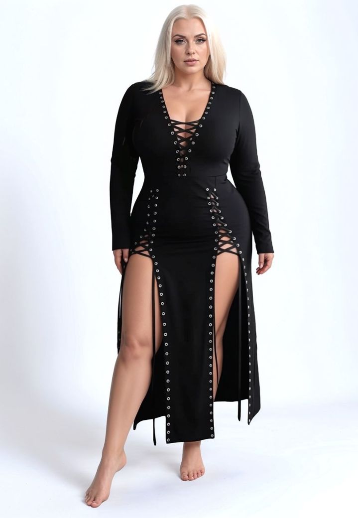 Robe longue Brocéliande noire à laçages