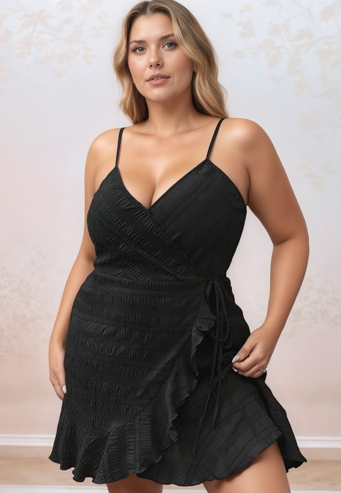Black textured wrap dress - Straps and ruffles