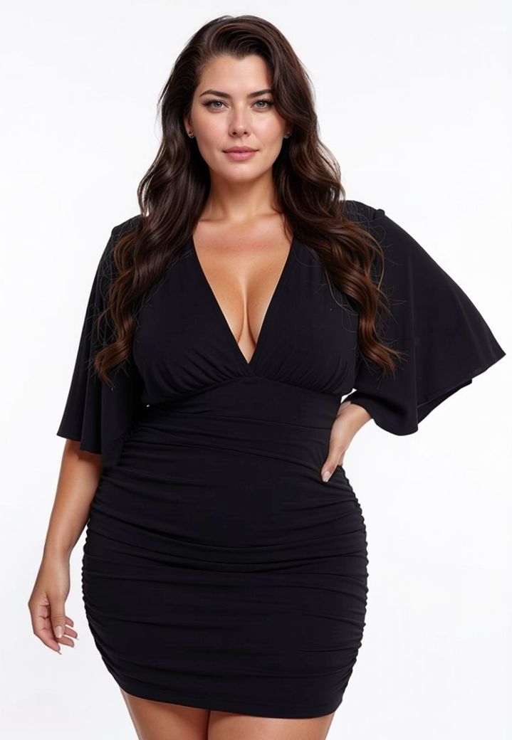 Noelia black dress with a deep V and cape sleeves