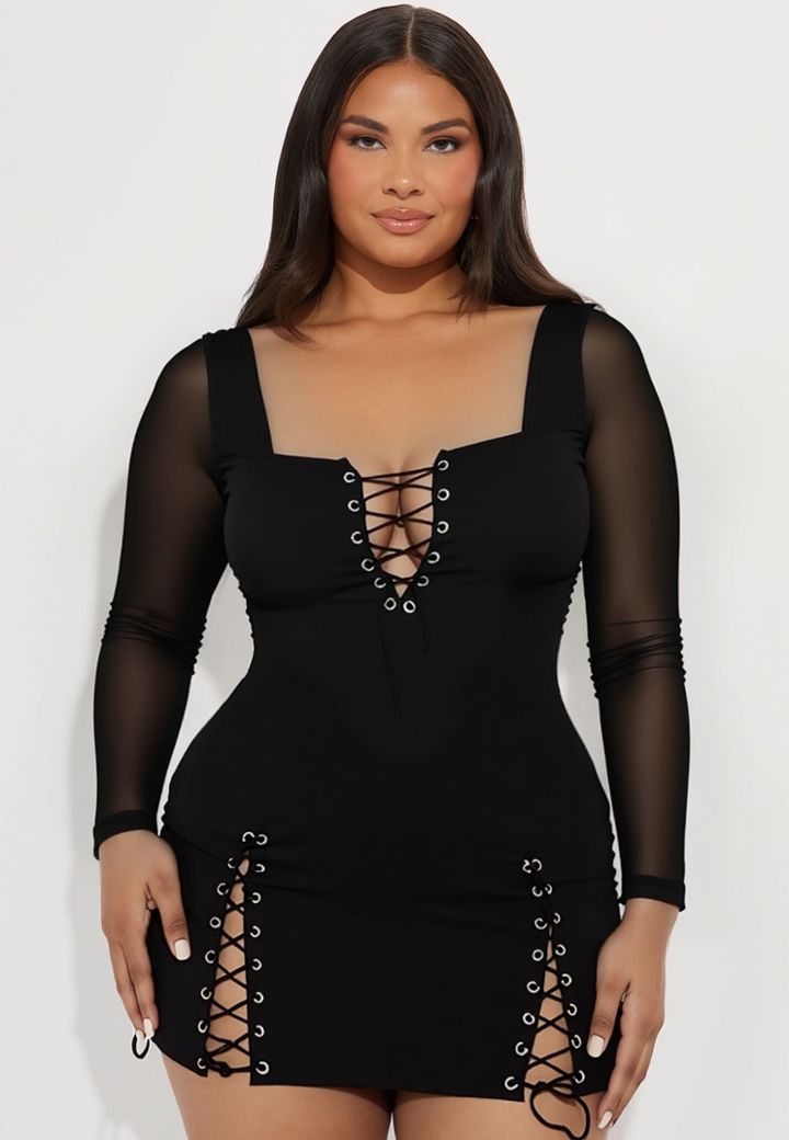 Little Black Ribbed Dress: Square Neckline, Mesh Sleeves, Sexy Lacing