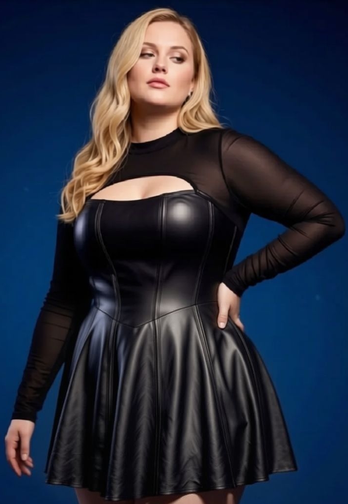 Vestido fetichista de rejilla y polipiel elástica, corte skater