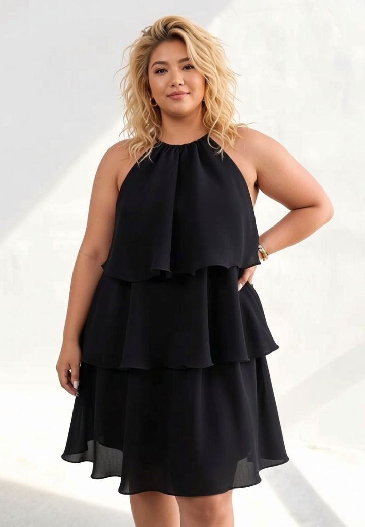 Fließendes schwarzes Kleid mit Volants Halfterkragen - Eleganter ausgestellter Schnitt