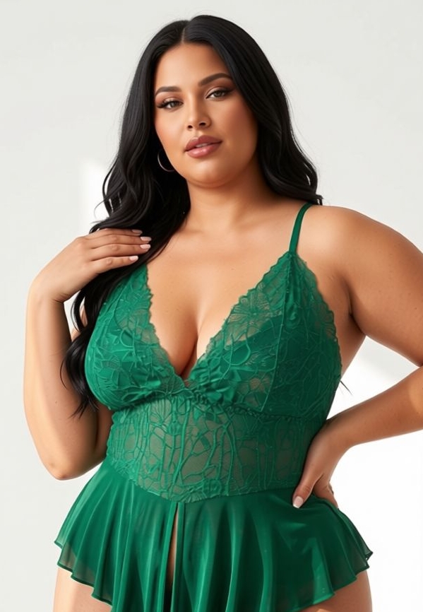 Romantic open-crotch bodysuit in sheer lace with fully split soft voile