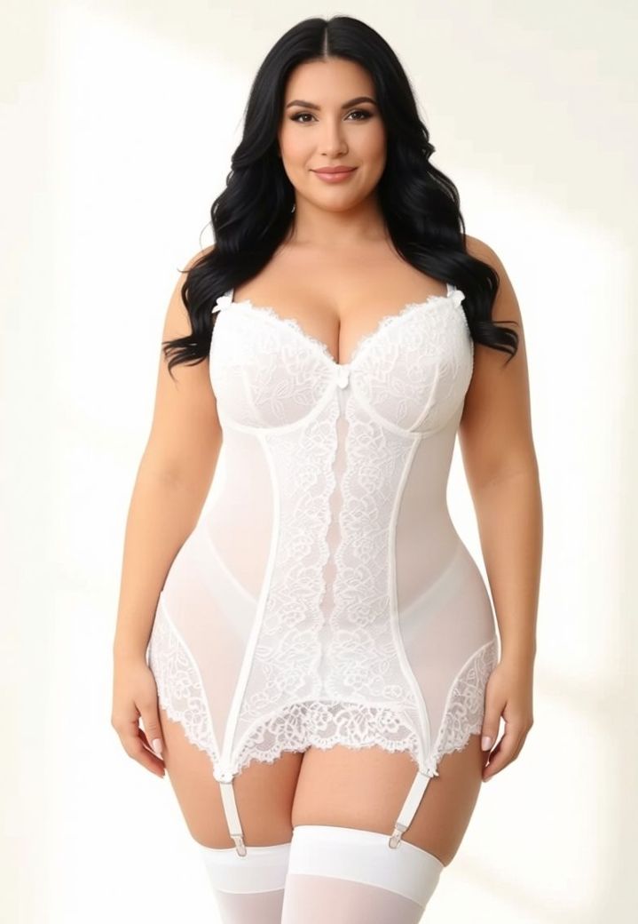 Guêpière bianca curvy in pizzo e rete elasticizzata, reggicalze removibili