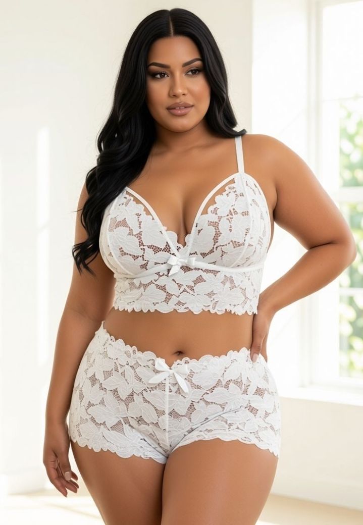 Ensemble deux pièces en dentelle florale blanche, nœuds satinés