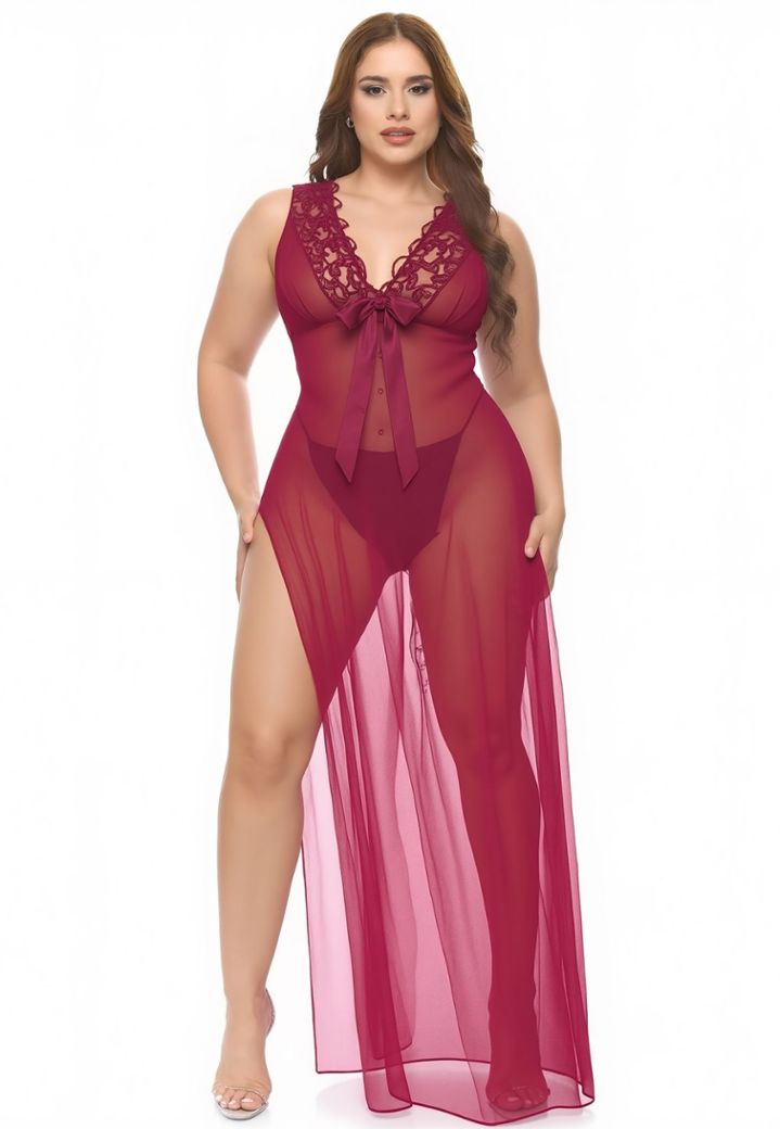 Nuisette longa bordô com renda, laço e fenda sensual