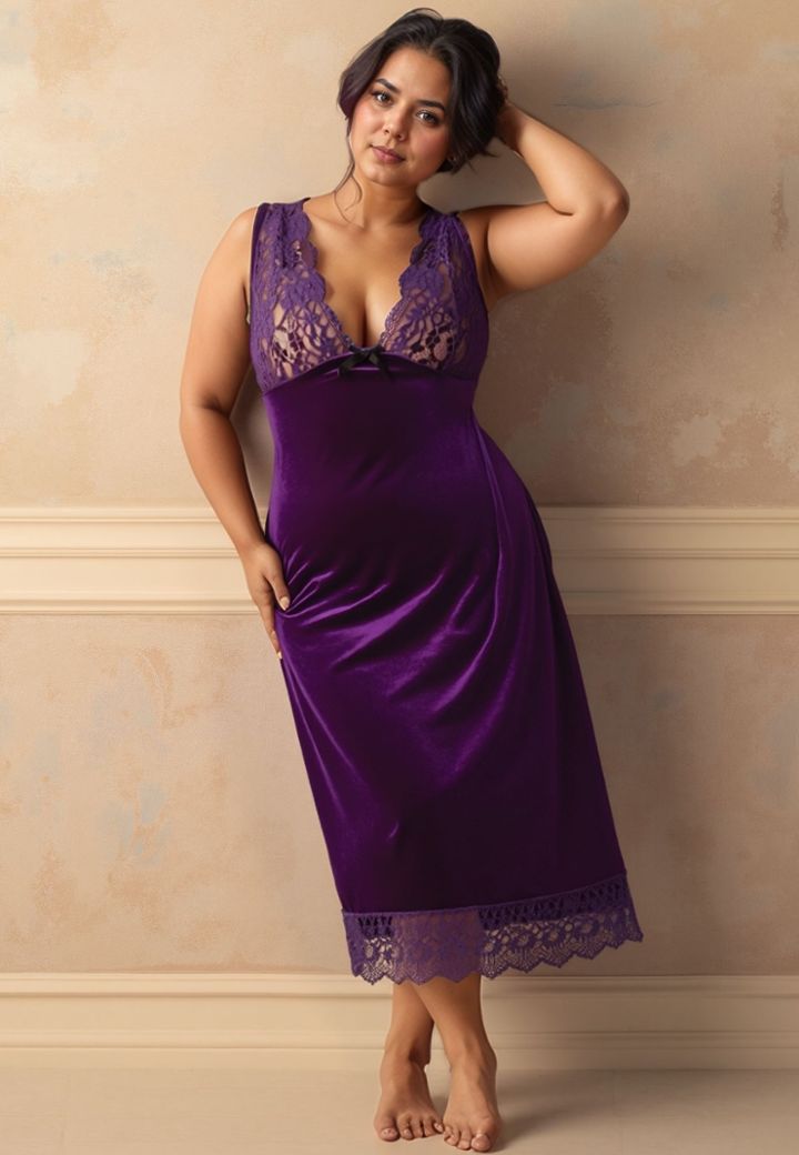 Midnight Magic Nightgown: Dark Violet Velvet, Lace, Empire Waist