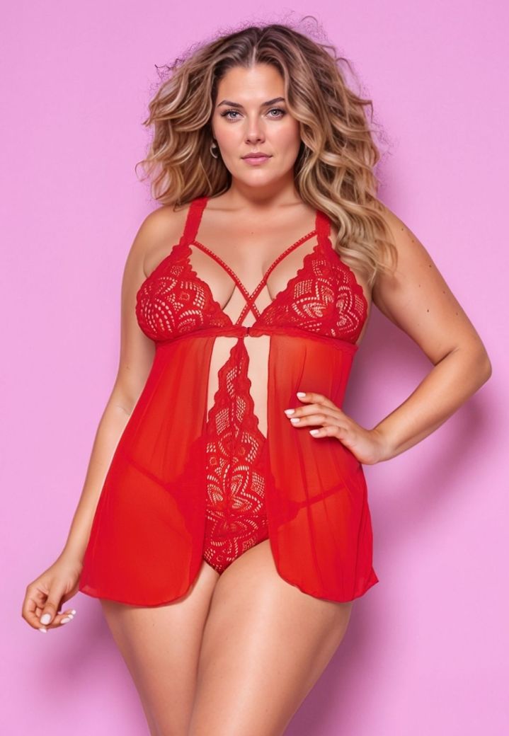 Body-Babydoll Aryn : dentelle intégrale et jupette mousseline