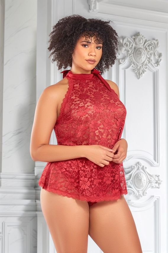 Babydoll Hera - Pizzo Rosso Schiena Nuda con Mutandina Volant
