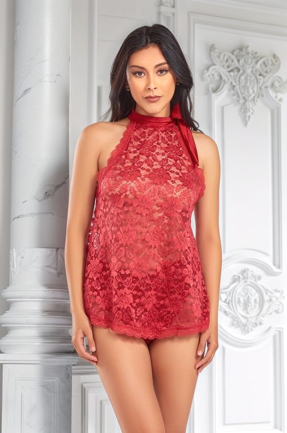 Babydoll Hera - Encaje Rojo Espalda Descubierta con Braguita Volantes