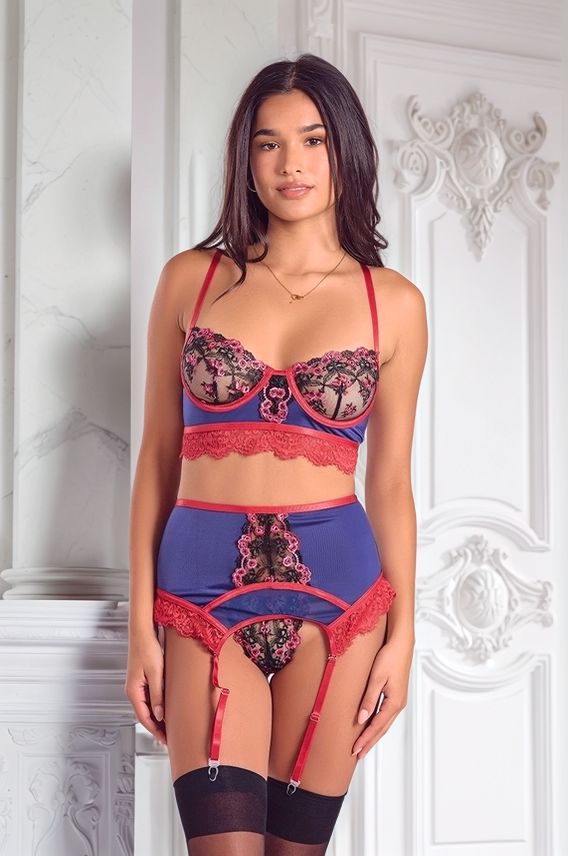 Ensemble Maurie - Reggiseno, Giarrettiera e String Blu e Rosso