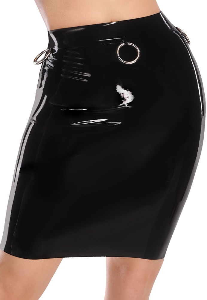 Latex Knee-Length Tight Skirt: Elegant Fetish Skirt, Metal Rings
