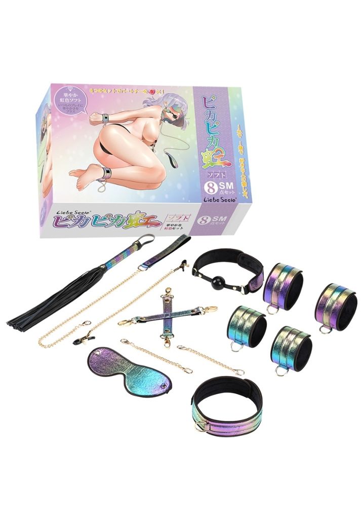 Set bondage 8 pièces Glossy Rainbow, menottes, hogtie et accessoires