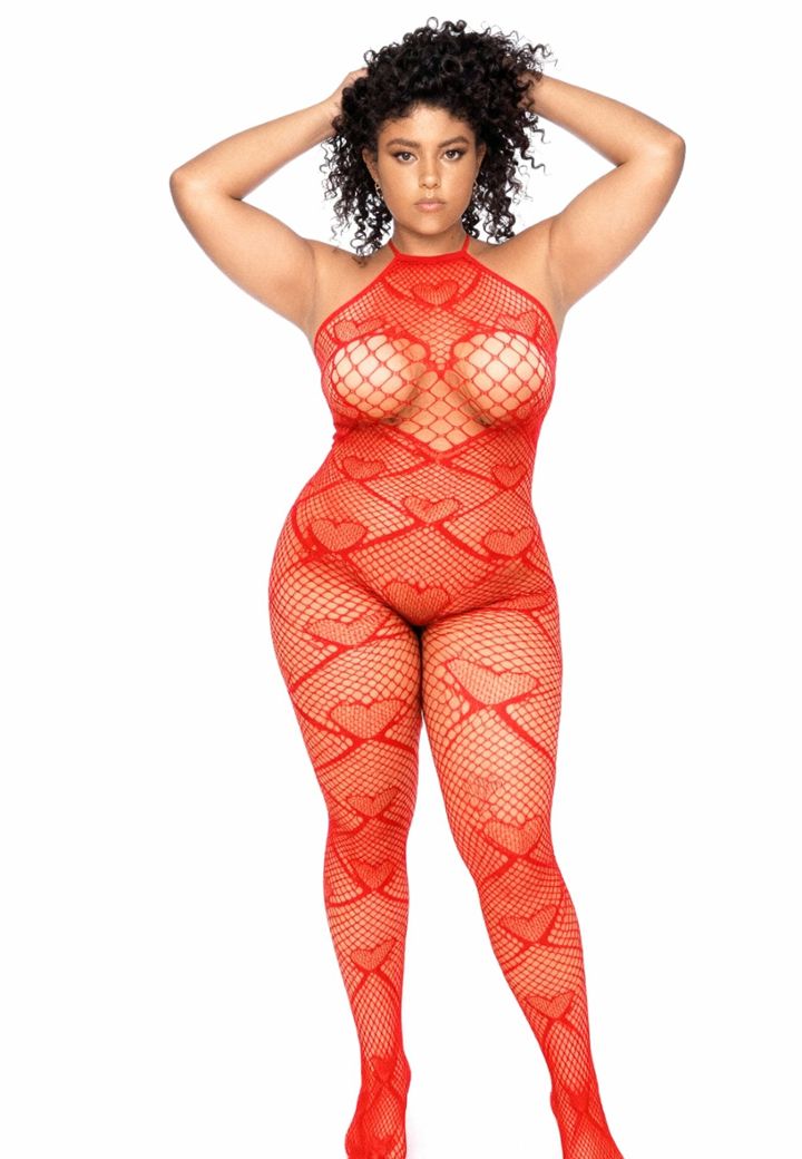 Bodystocking rojo de rejilla con corazones, strass, cuello halter y abertura