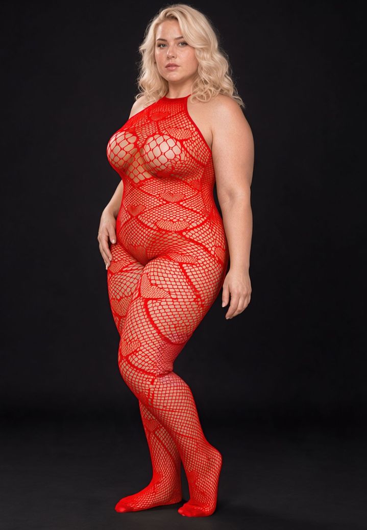 Rode bodystocking met hartjesmesh en strass, elegante halterneck en open kruis