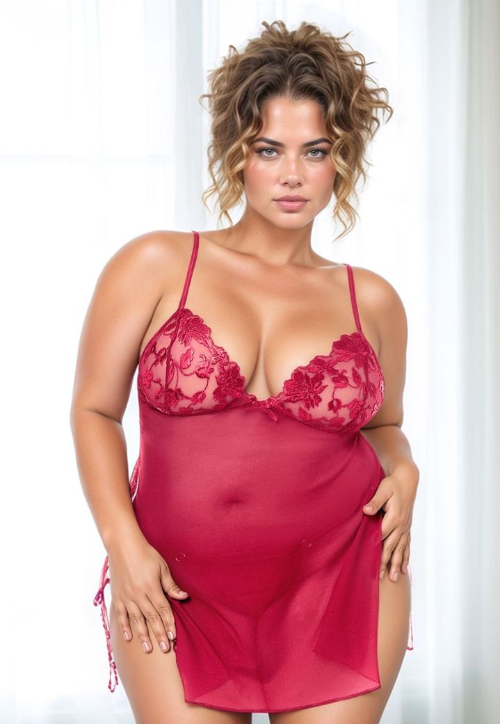 Babydoll Bordado em Tule com Tanga Combinando