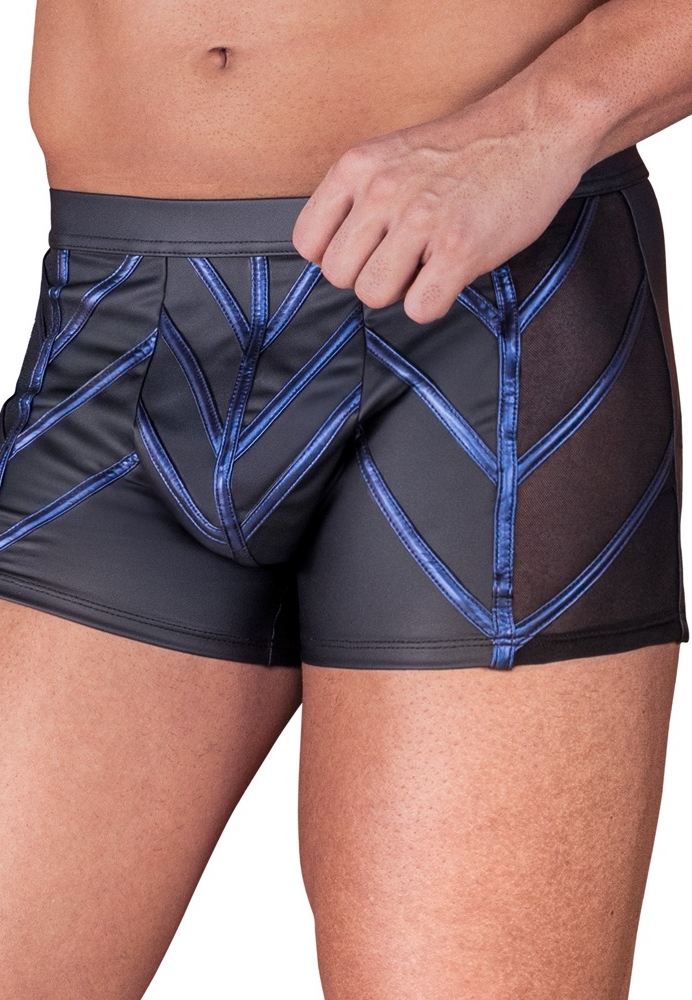 Enge Boxershorts Schwarz Matt : Blaumetallic-Streifen und Netzeinätze