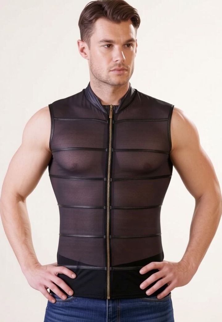 Men’s sleeveless transparent powernet top with full zip